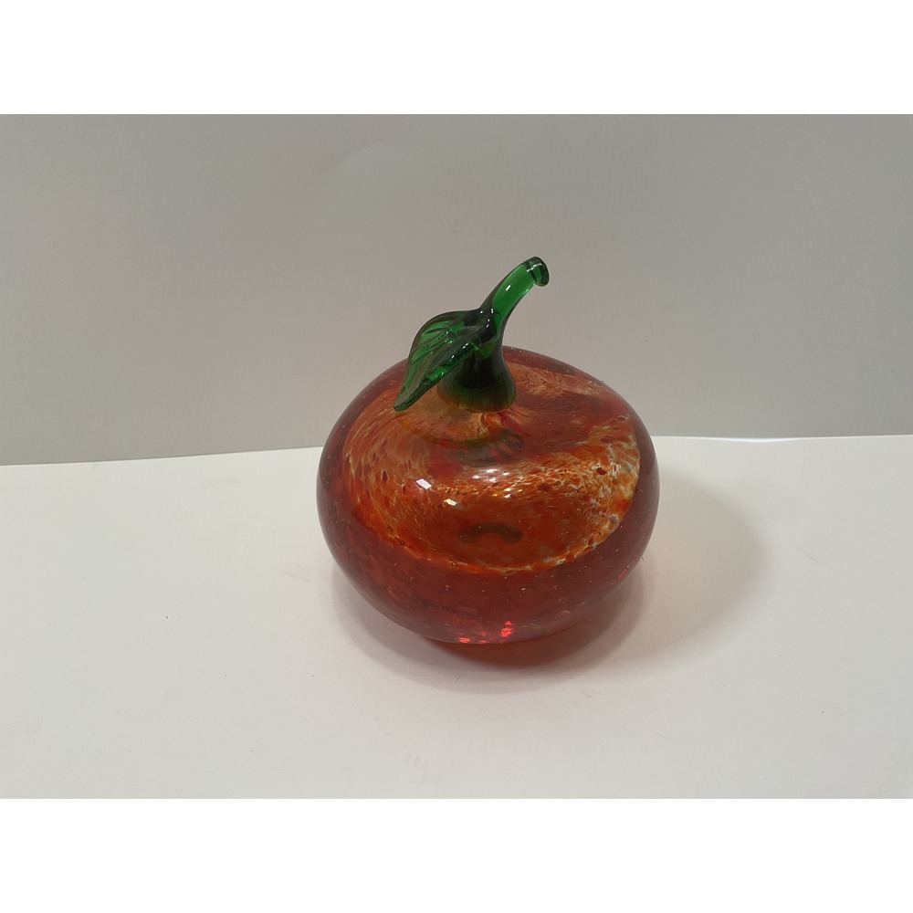 Art Glass Apple Paperweight Red Orange Swirl Hand Blown Green Stem‎ Figurine